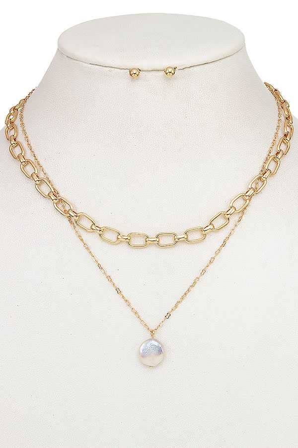 FRESHWATER PEARL CHAIN LAYERED NECKLACE SET 06: GOLD