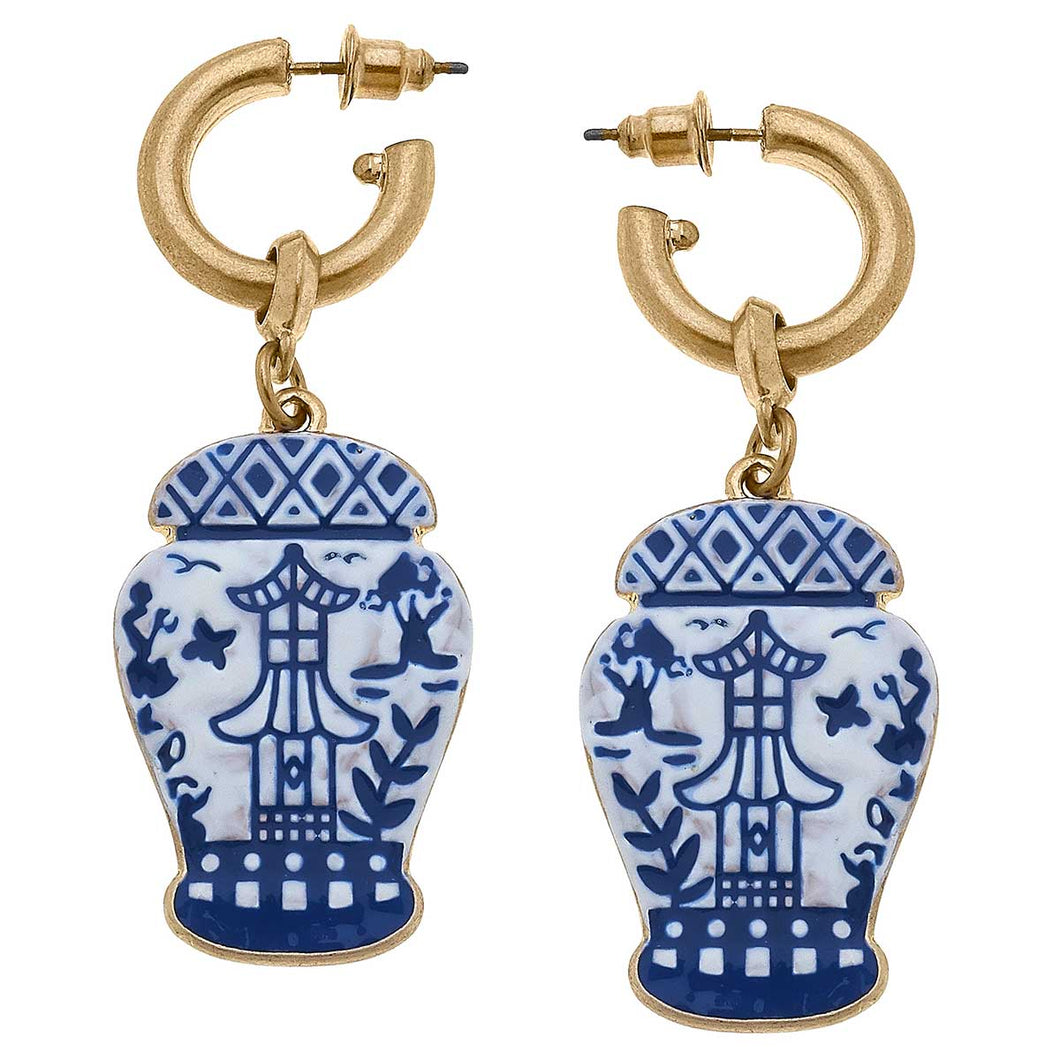 Aubree Enamel Pagoda Ginger Jar Earrings in Blue & White