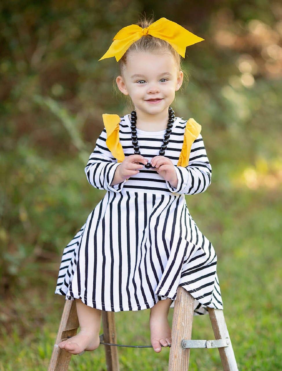 Black Stripe Mustard Ruffle Twirl Dress
