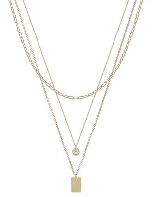 Gold Triple Layered Clear Stone and Rectangle Necklace