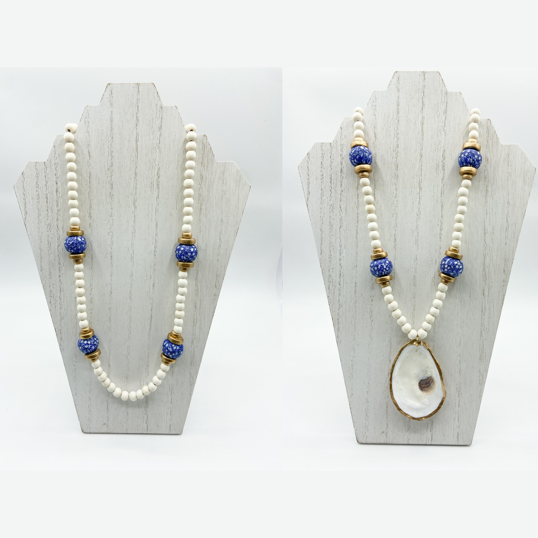 Oyster Shell w/ Wood & Recycled Glass Beads in White