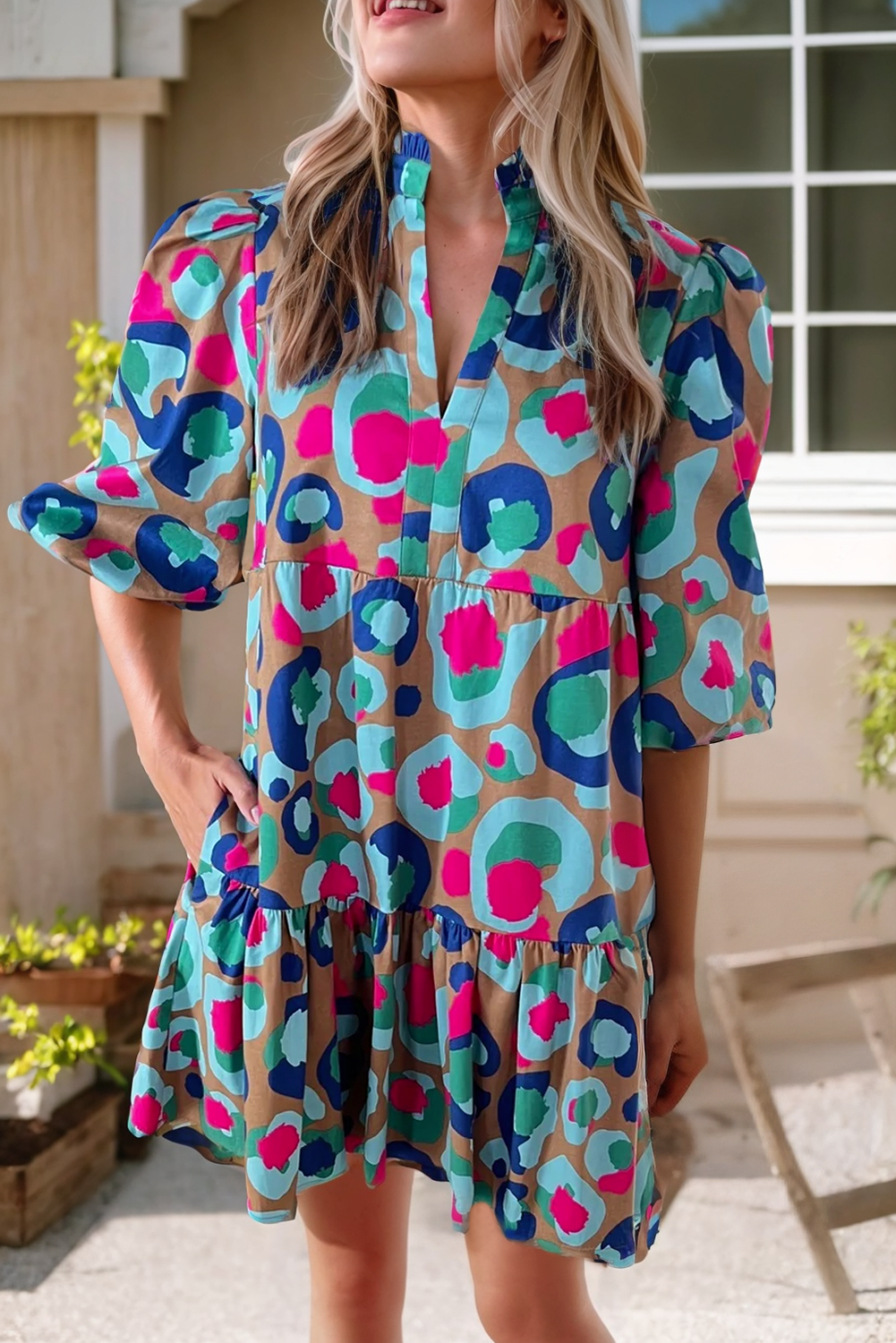 Giana Green Leopard Print Bubble Sleeve Slit Neck Ruffled Dress
