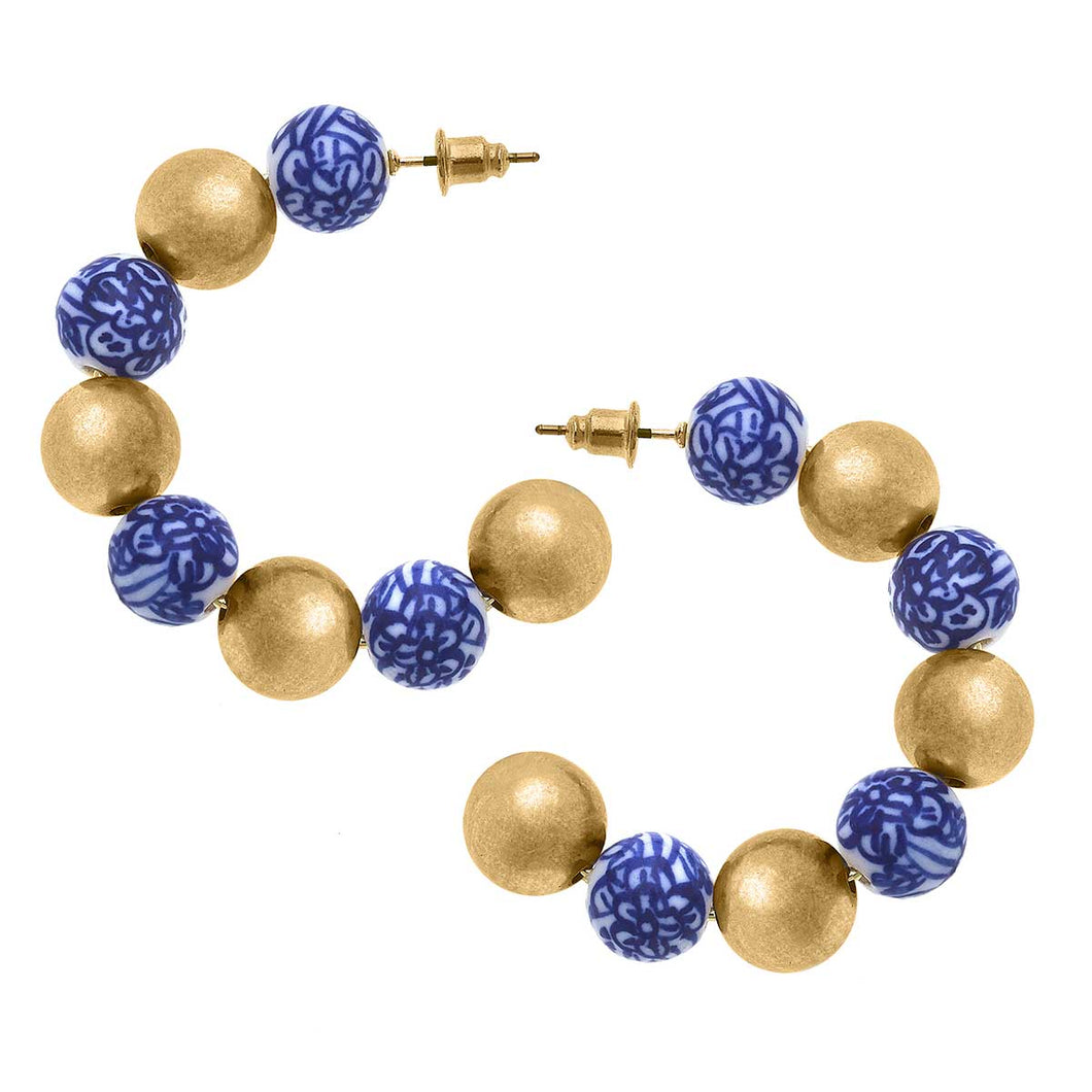 Meomi Chinoiserie & Ball Bead Hoop Earrings in Blue & White