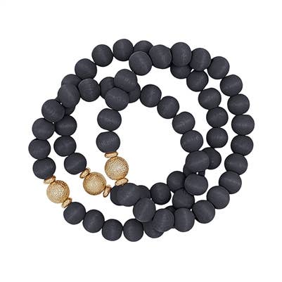 Black Wood Beaded and Gold Set of 3 Stretch Bracelets