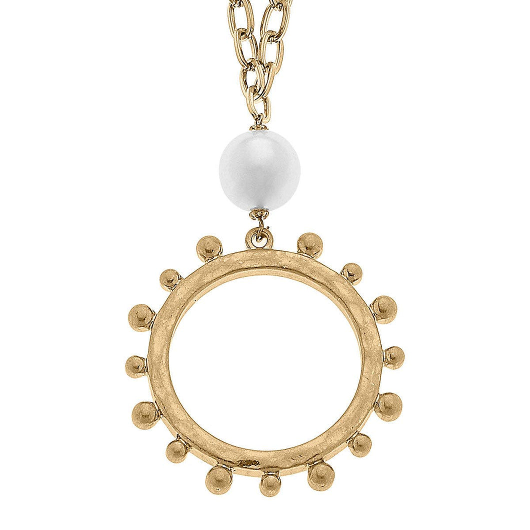 Melanie Long Studded Metal Circle Necklace in Worn Gold