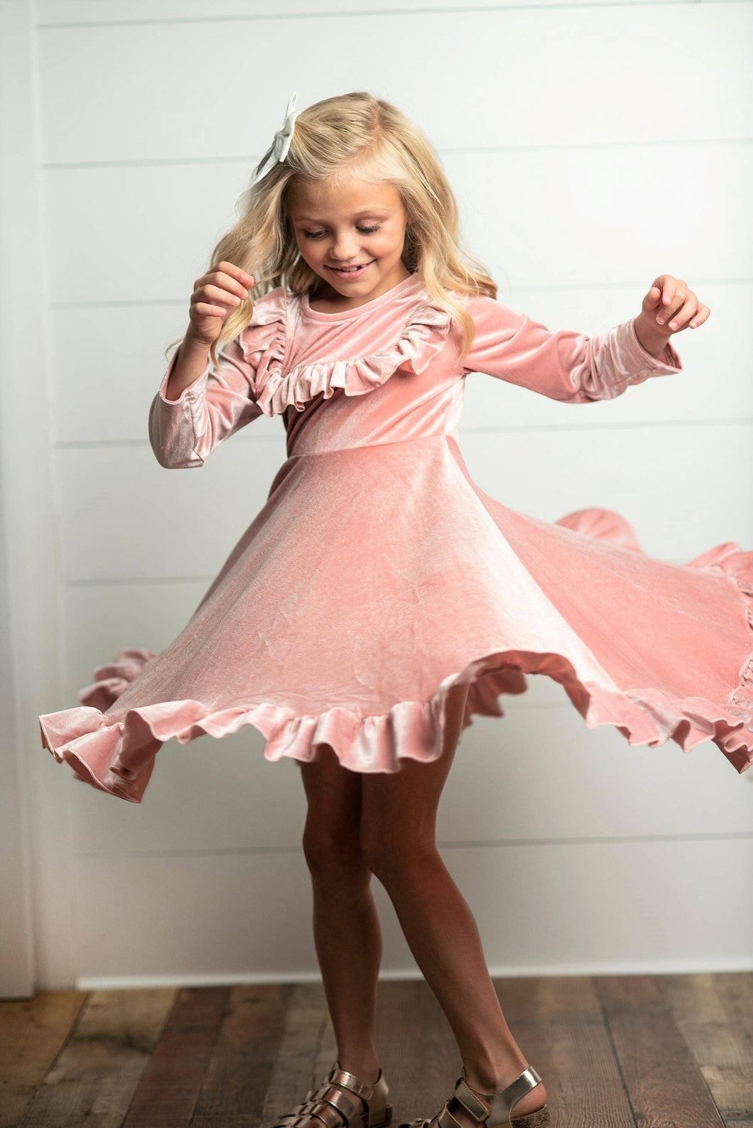 Kids Pink Velvet Ruffle Fancy Twirl Dress