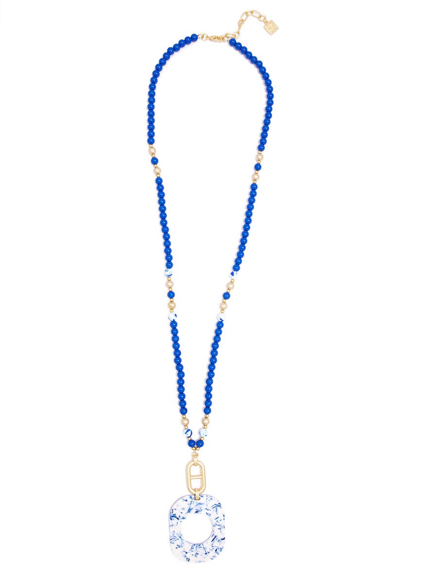 Emblem Charm And Porcelain Pattern Acetate Pendant Necklace: Cobalt