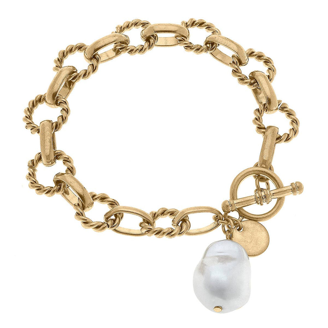 Fletcher Baroque Pearl & Twisted Metal T-Bar Bracelet in Worn Gold