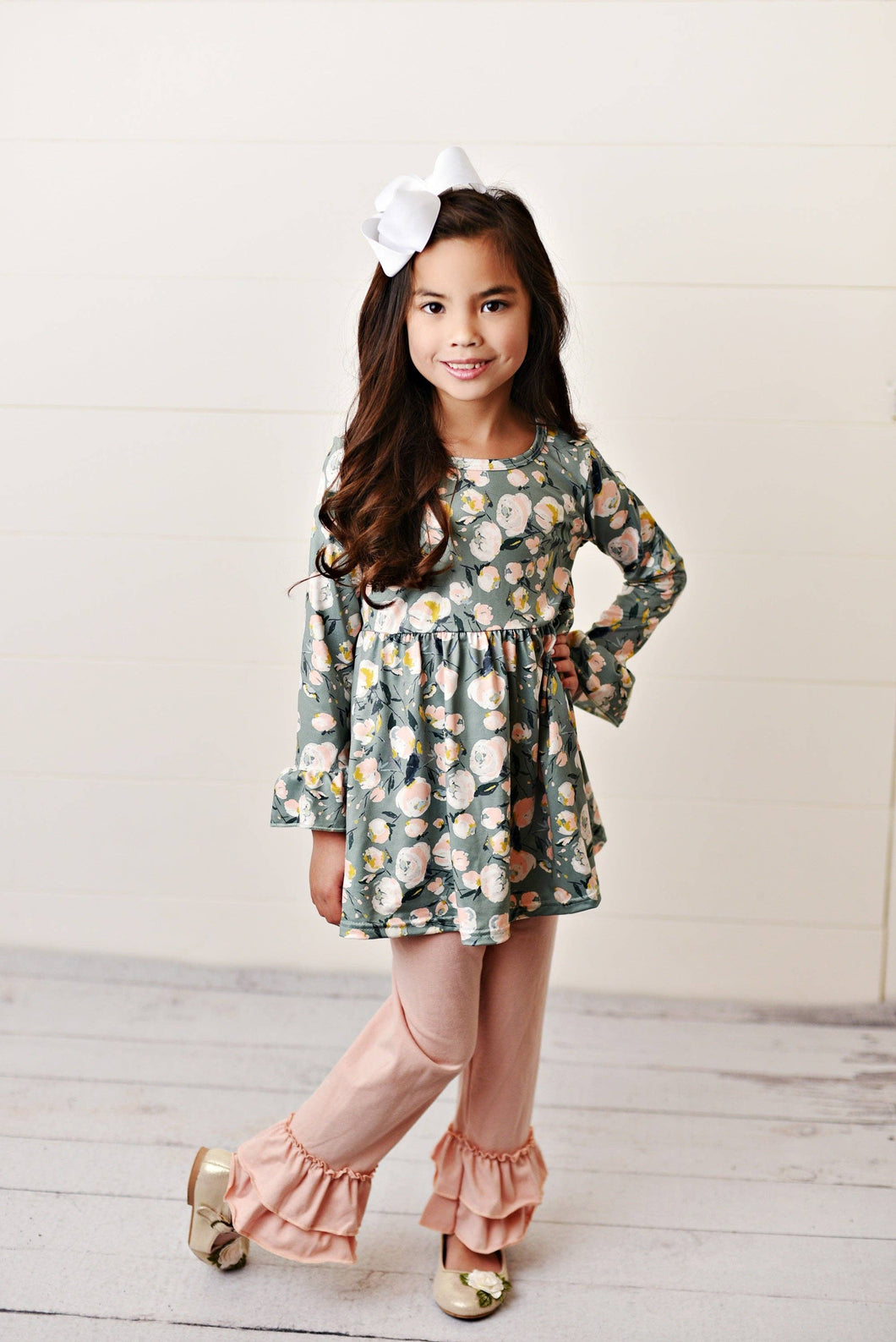 Kids Sage Green & Pink Floral Long Sleeve Ruffle Pant Set