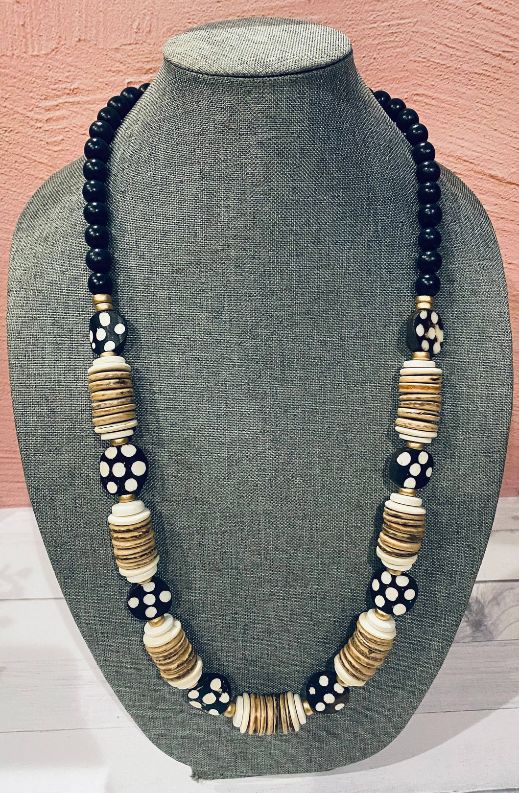 Coconut Wood & Bone Bead Necklace- Black & White Polka Dot