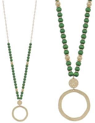 Green Wood Beaded with Hammered Gold Circle Drop Necklace