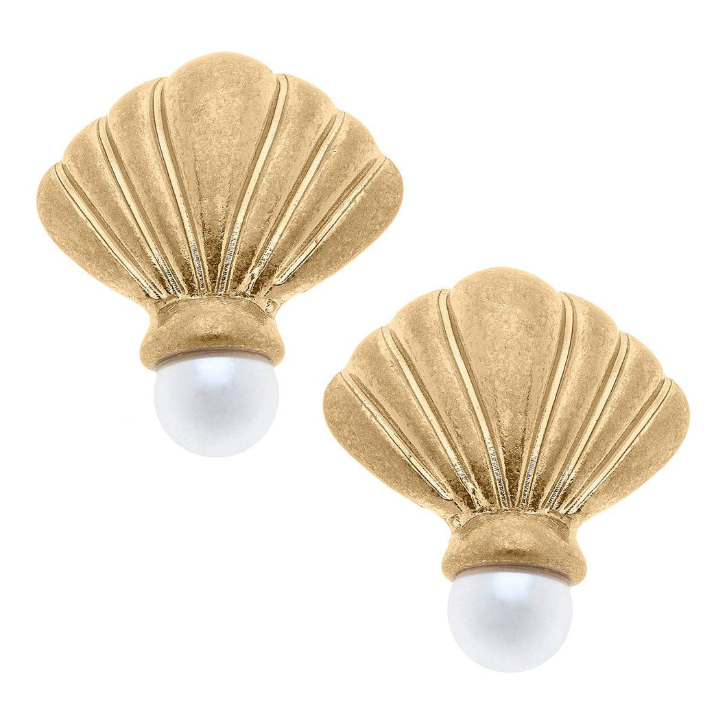 Georgette Coquille Scallop Shell & Pearl Stud Earrings in Worn Gold