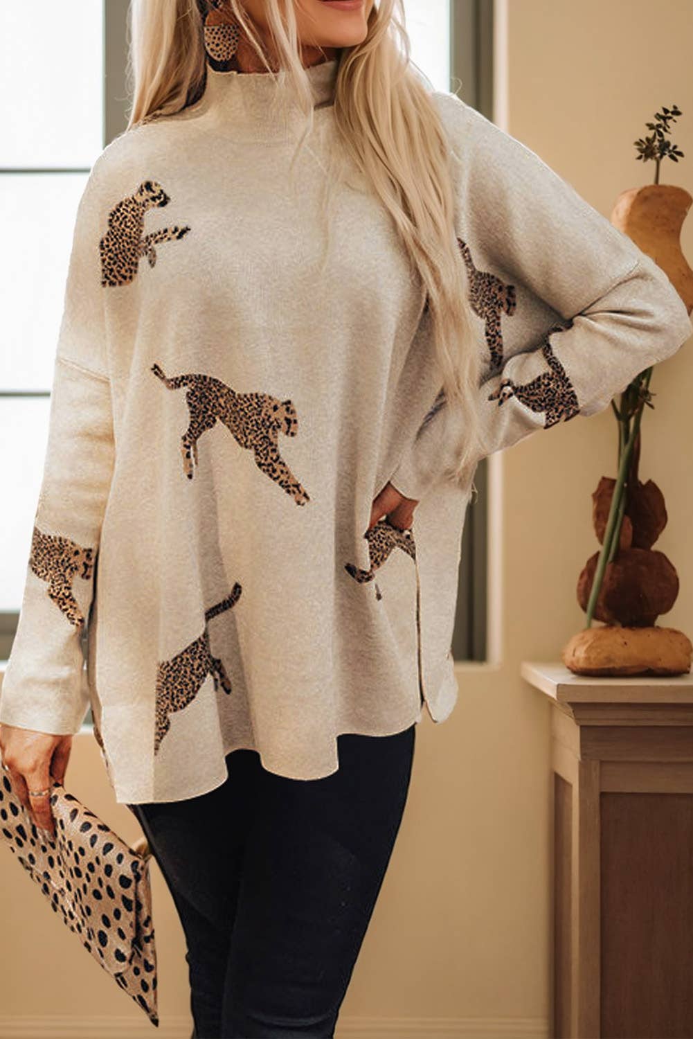 Parchment Lively Cheetah Print High Neck Split Hem Sweater