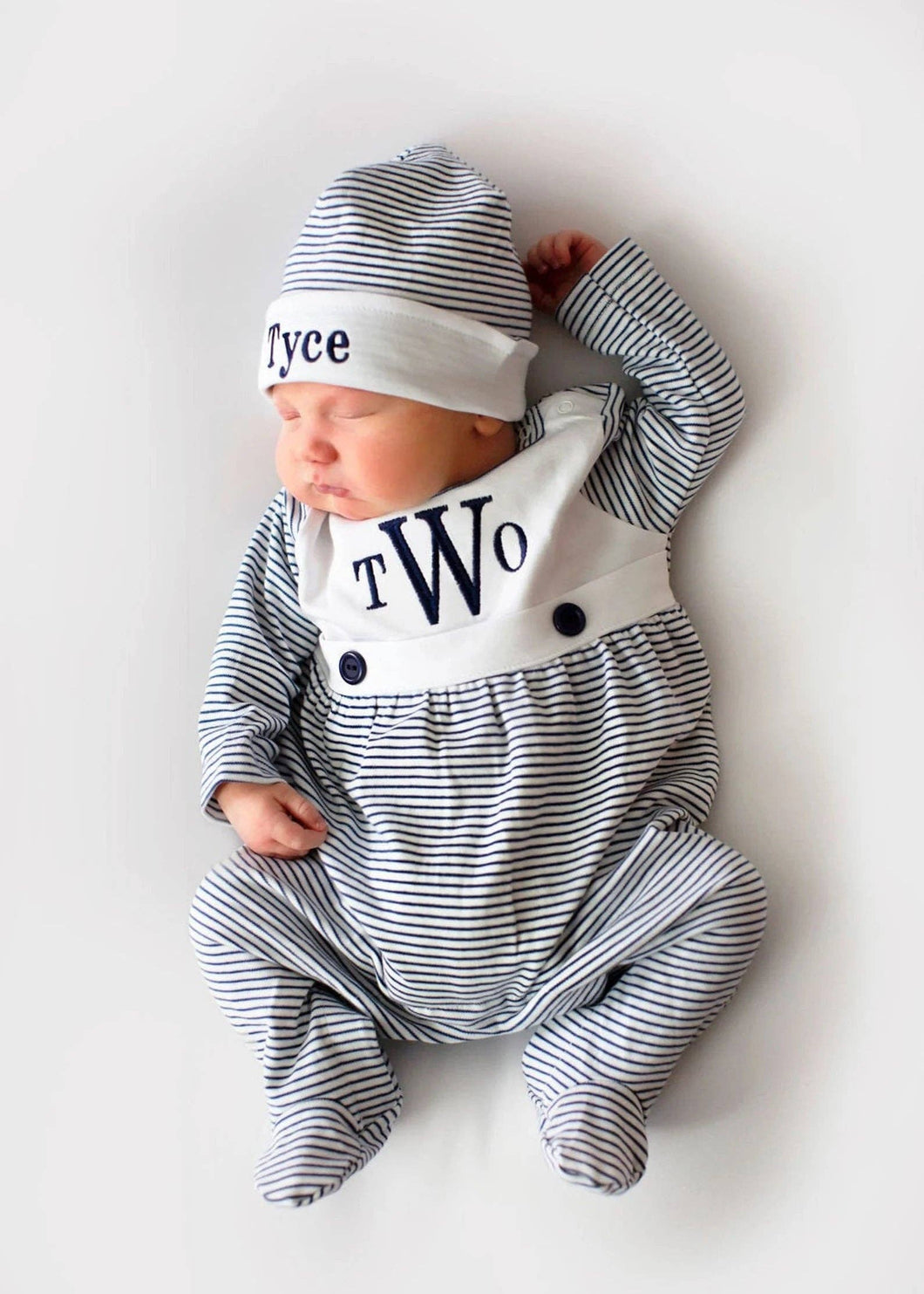 Navy Mini Stripe Bib Front Footie and Hat