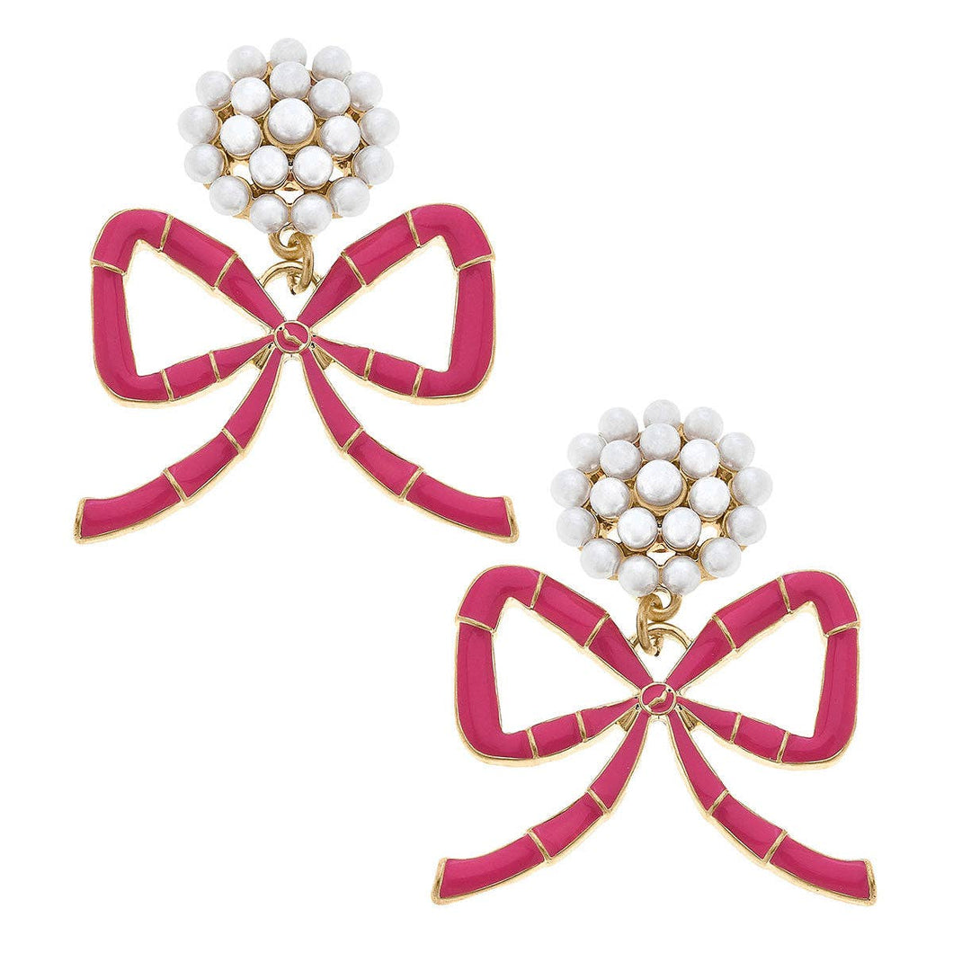 Valentine's Bamboo Bow & Pearl Cluster Drop Earrings in Pink