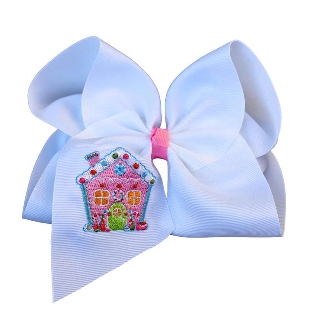 Pink Gingerbread Embroidered Bow: 5 inch / Alligator Clip