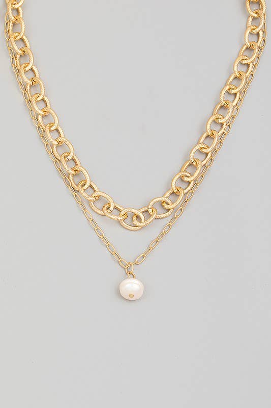 Pearl Charm Chain Layered Necklace J2238PRL: Gold