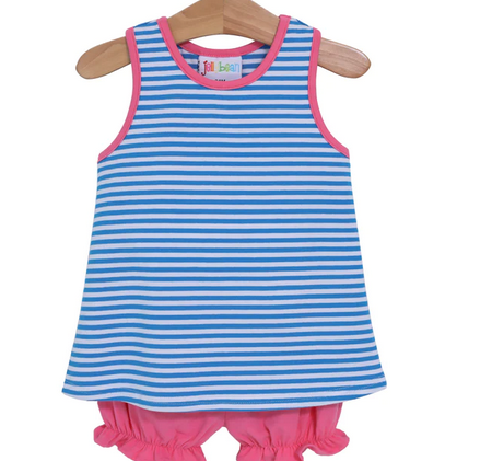 Abby Bow Back Bloomer Set-Azure Blue Stripe and Pink