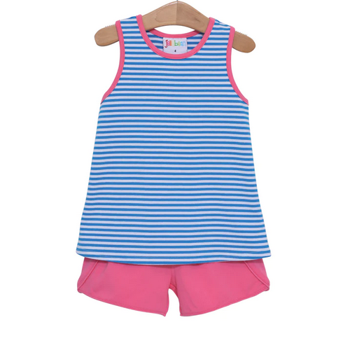 Abby Bow Back Short Set- Azure Blue Stripe and Pink