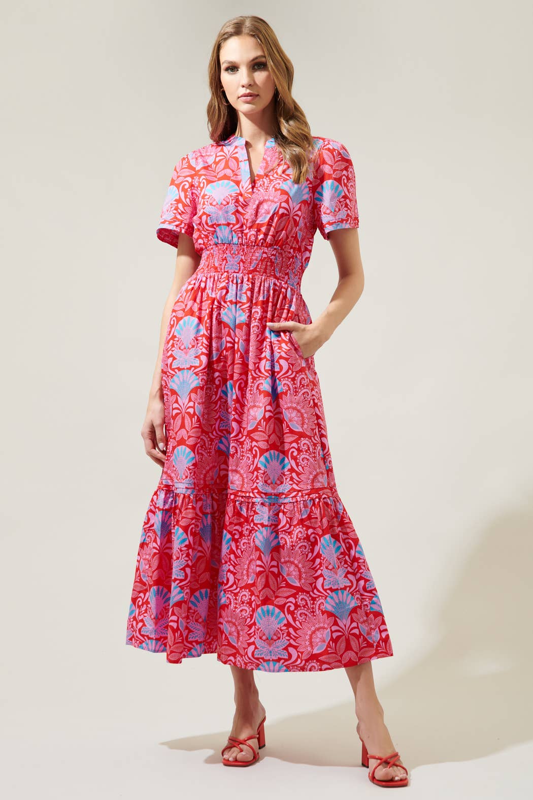 Radiant Floral Belraj Poplin Maxi Dress: BLUE-PINK-RED