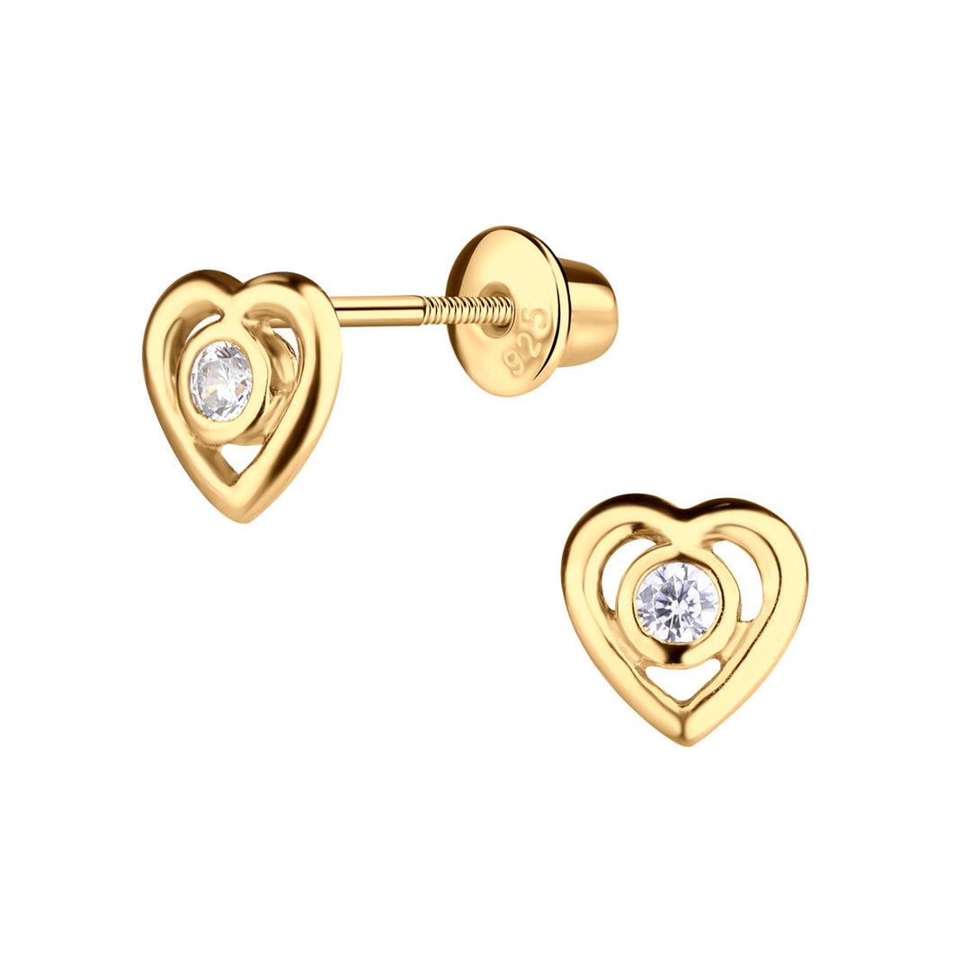 14K Gold-Plated CZ Heart Earrings for Kids with Screw Backs