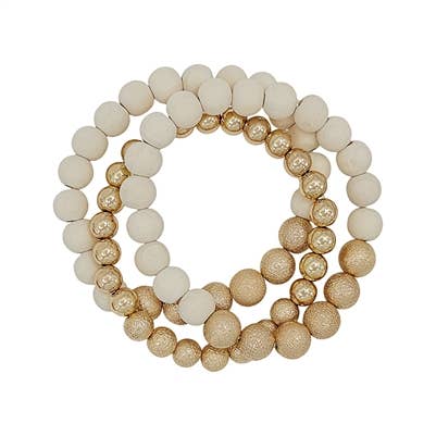 White Wood & Gold Beaded Set of Three Stretch Bracelets
