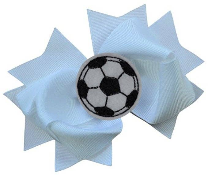 Soccer Hair Bow with Embroidered Soccer Ball Applique: White