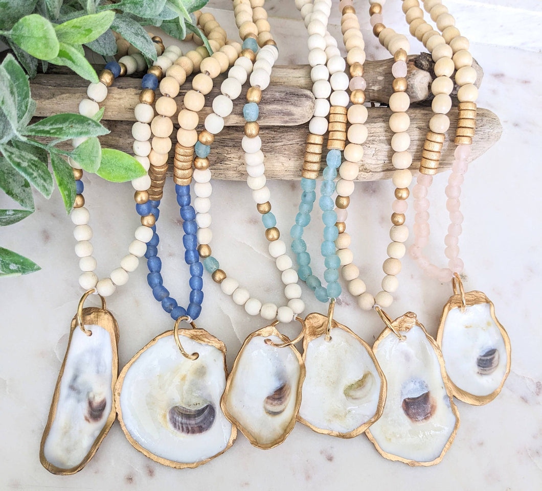 Dainty Seaglass & Wooden Bead Oyster Shell Beaded Necklace