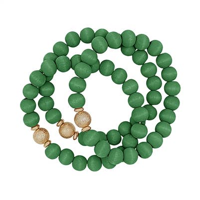 Green Wood Beaded and Gold Set of 3 Stretch Bracelets