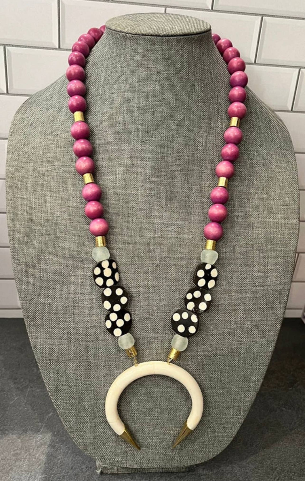 Wood & Bone Bead Necklace w/ White Bone Crescent Pendant