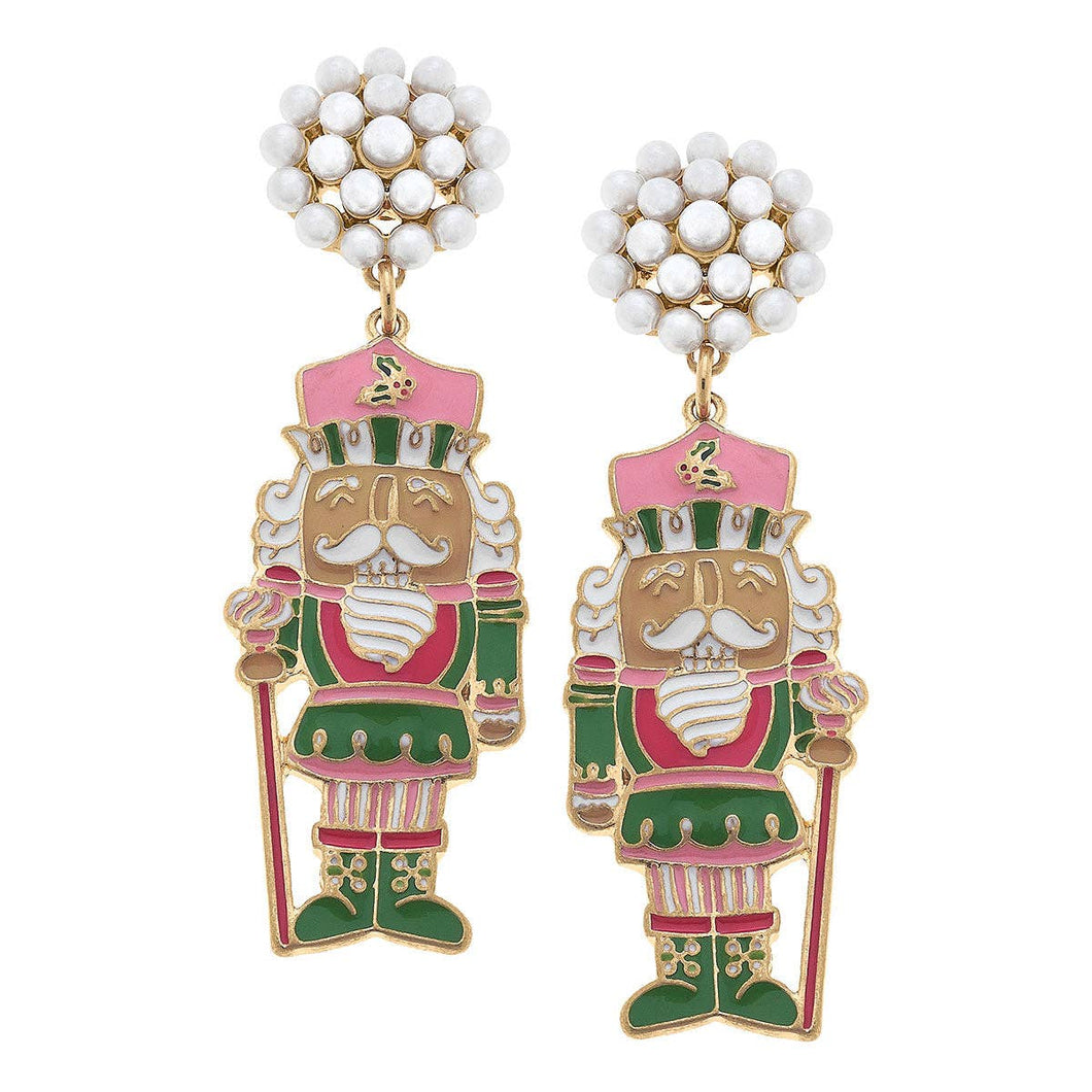 Nutcracker Enamel Earrings in Pink & Green