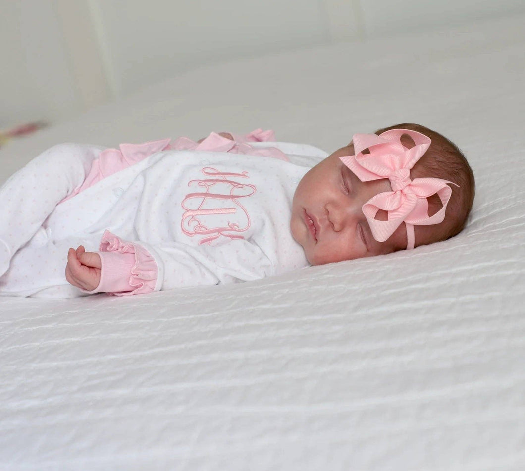 Ruffle Footie-Pink Dot, White, Pink