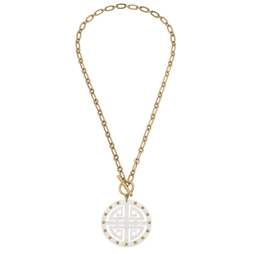 Tara Greek Keys Resin Pendant Necklace in Mother of Pearl