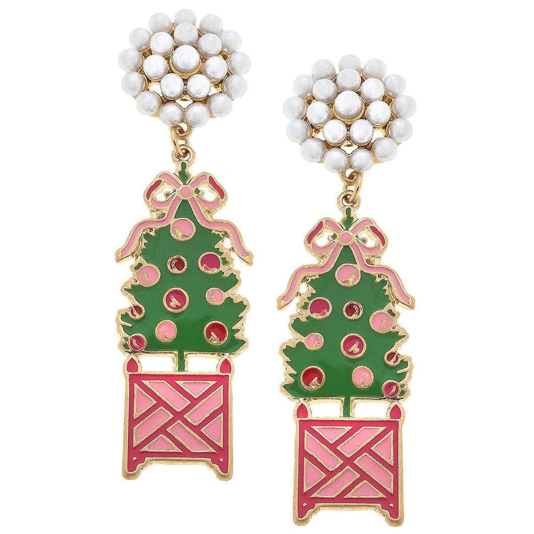 Christmas Tree Topiary Enamel Earrings in Green & Pink