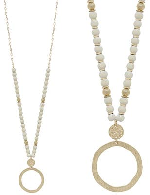 White Wood Beaded with Hammered Gold Circle Drop Necklace