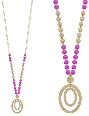 Pink and Gold Beaded with Double Oval Gold Drop Necklace