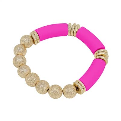 Gold Textured Beaded and Hot Pink Wood Bar Stretch Bracelet