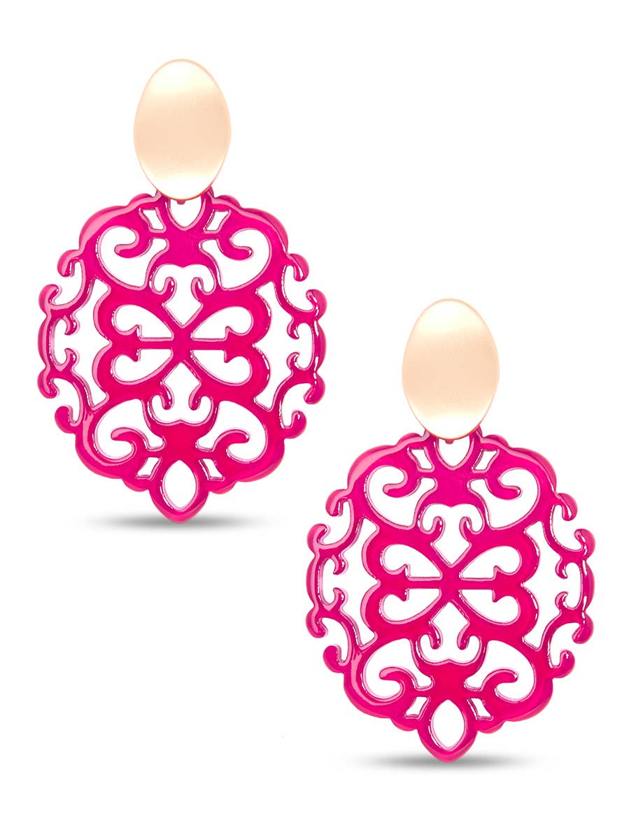 Modern Damask Pattern Resin Drop Earring: Hot Pink