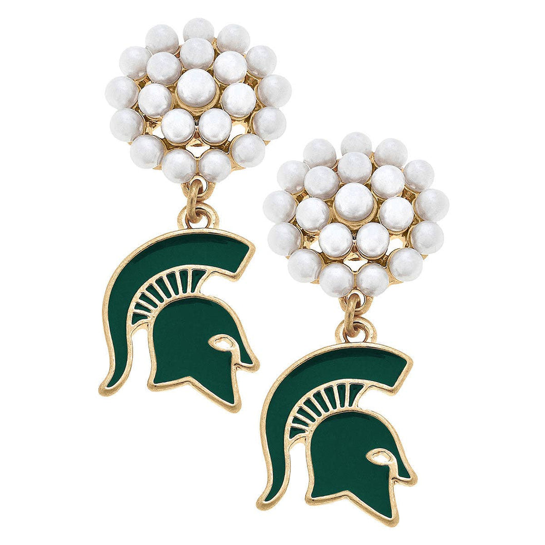 Mascot Spartans Pearl Cluster Enamel Drop Earrings i