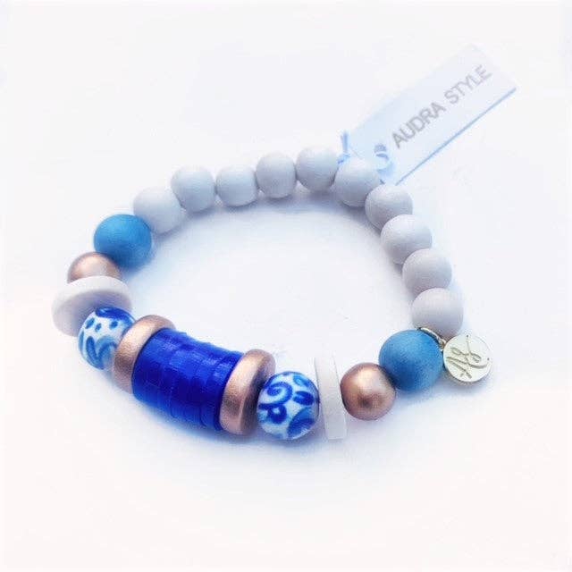 Colorful Wood Beaded Bracelet Denim Blue White Cobalt Disk