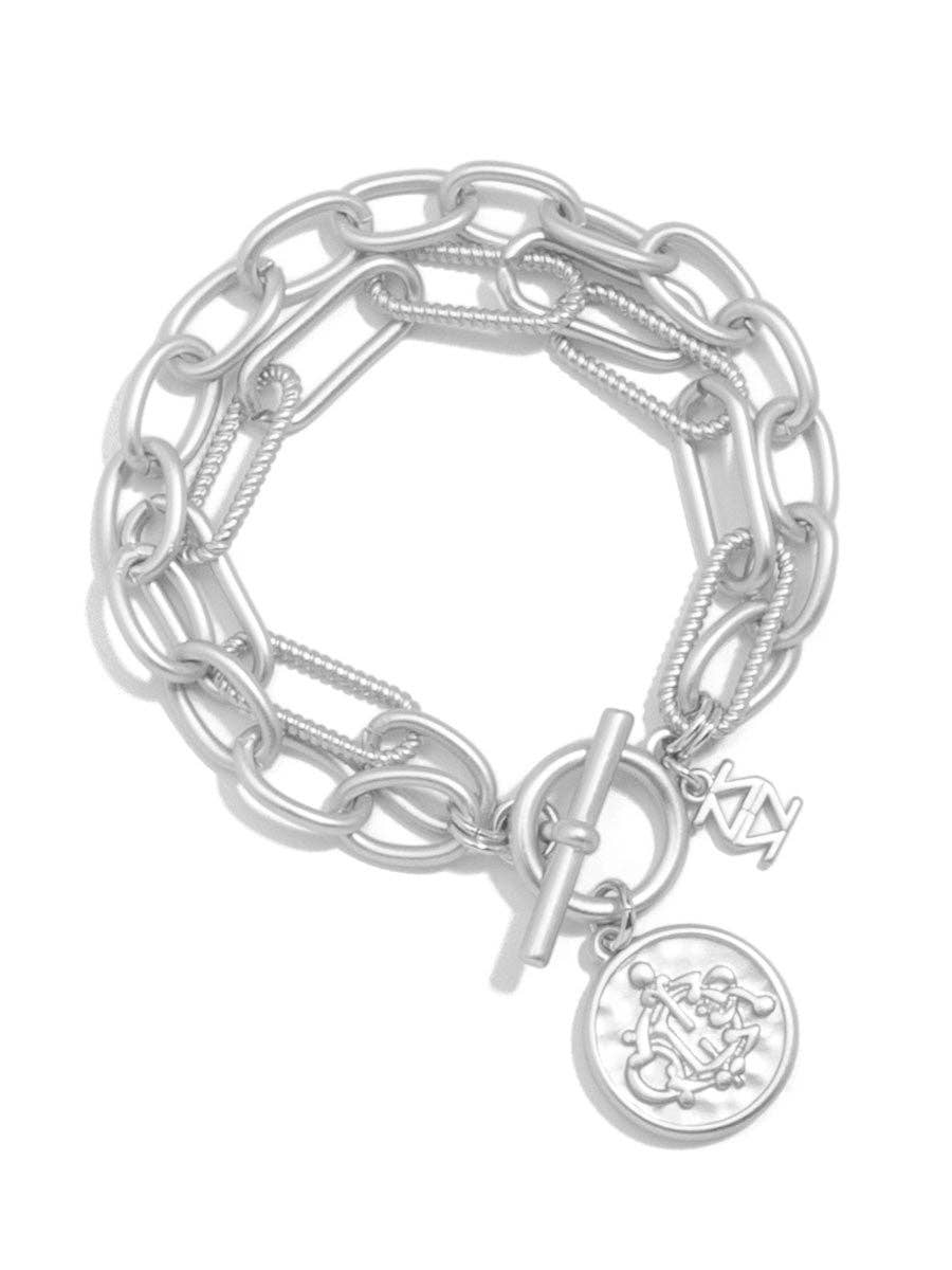 Engraved Coin Charm Cable Link Bracelet: silver