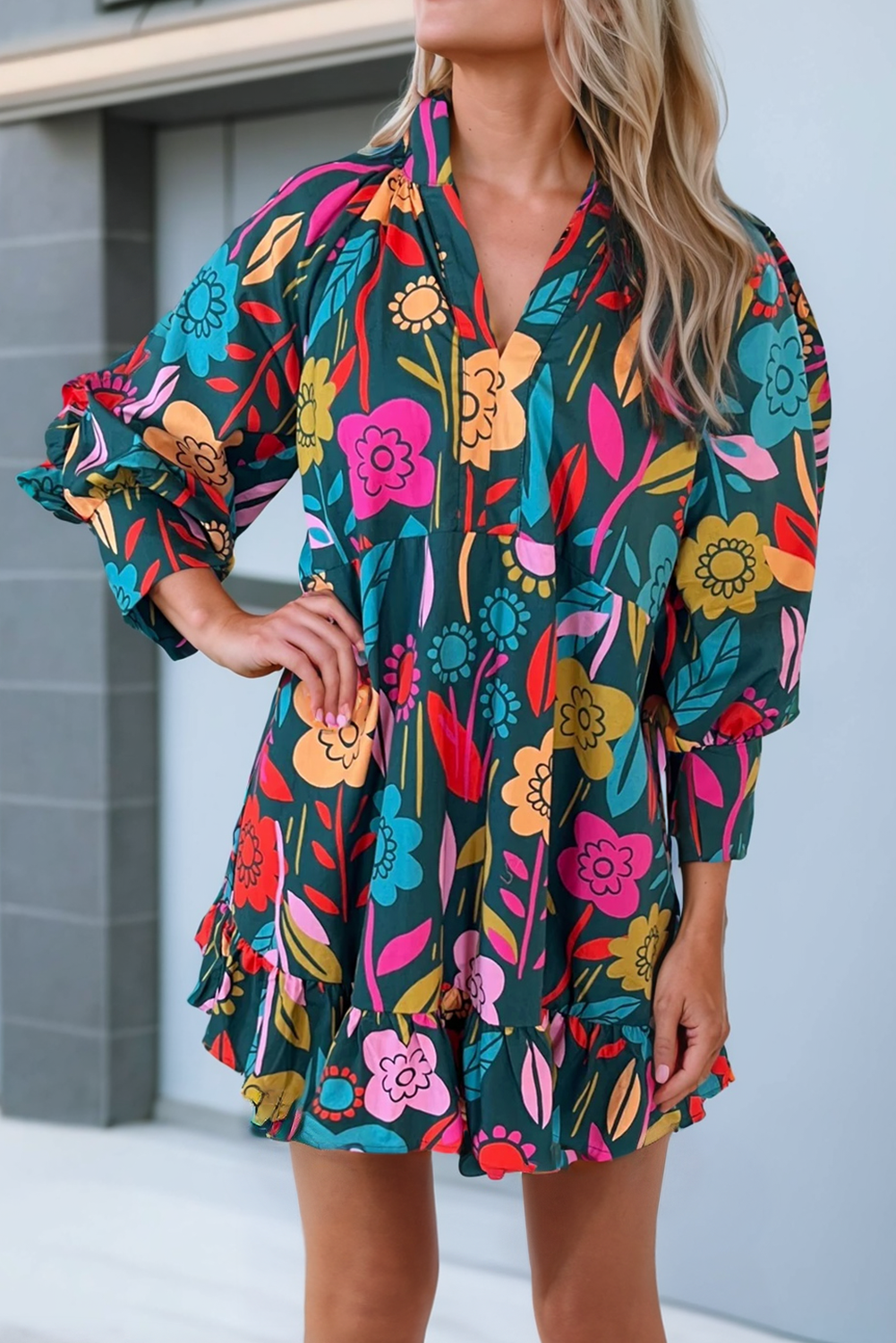 Marjorie Floral Print Puff Sleeve Ruffled Mini Dress