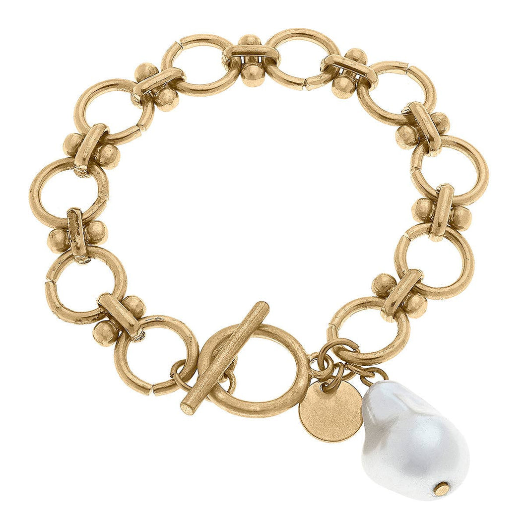 Marissa Baroque Pearl & Lux Chain Link T-Bar Bracelet in Worn Gold