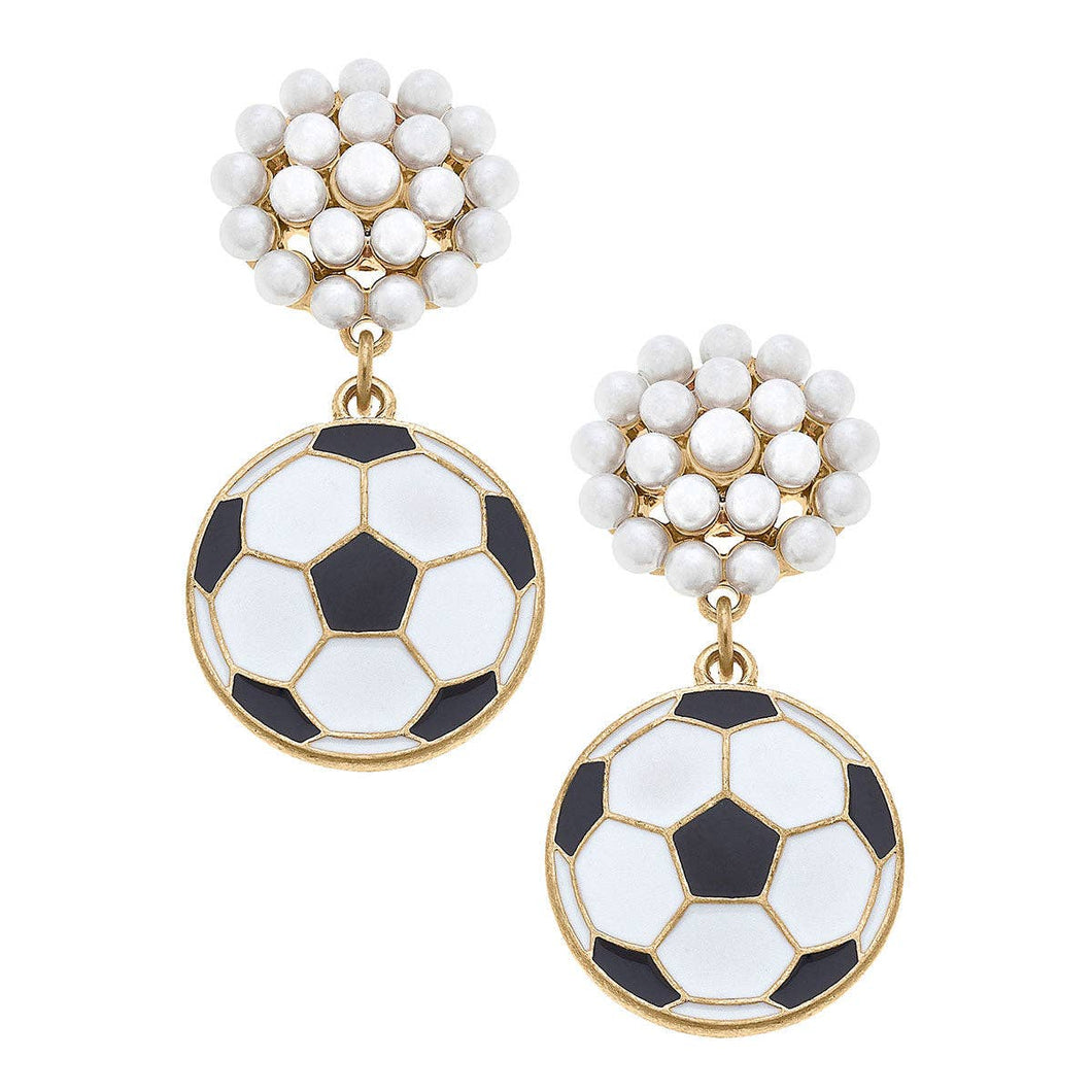 Soccer Ball Pearl Cluster Enamel Drop Earrings in Black & Wh