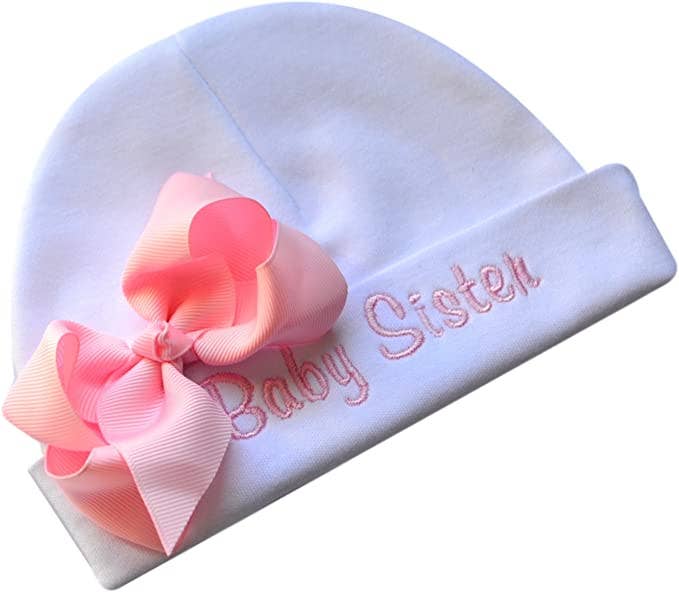 Embroidered Baby Sister Grosgrain Bow Cotton Hat