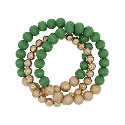 Green and Gold Textured Beaded Set of Three Stretch Bracelet