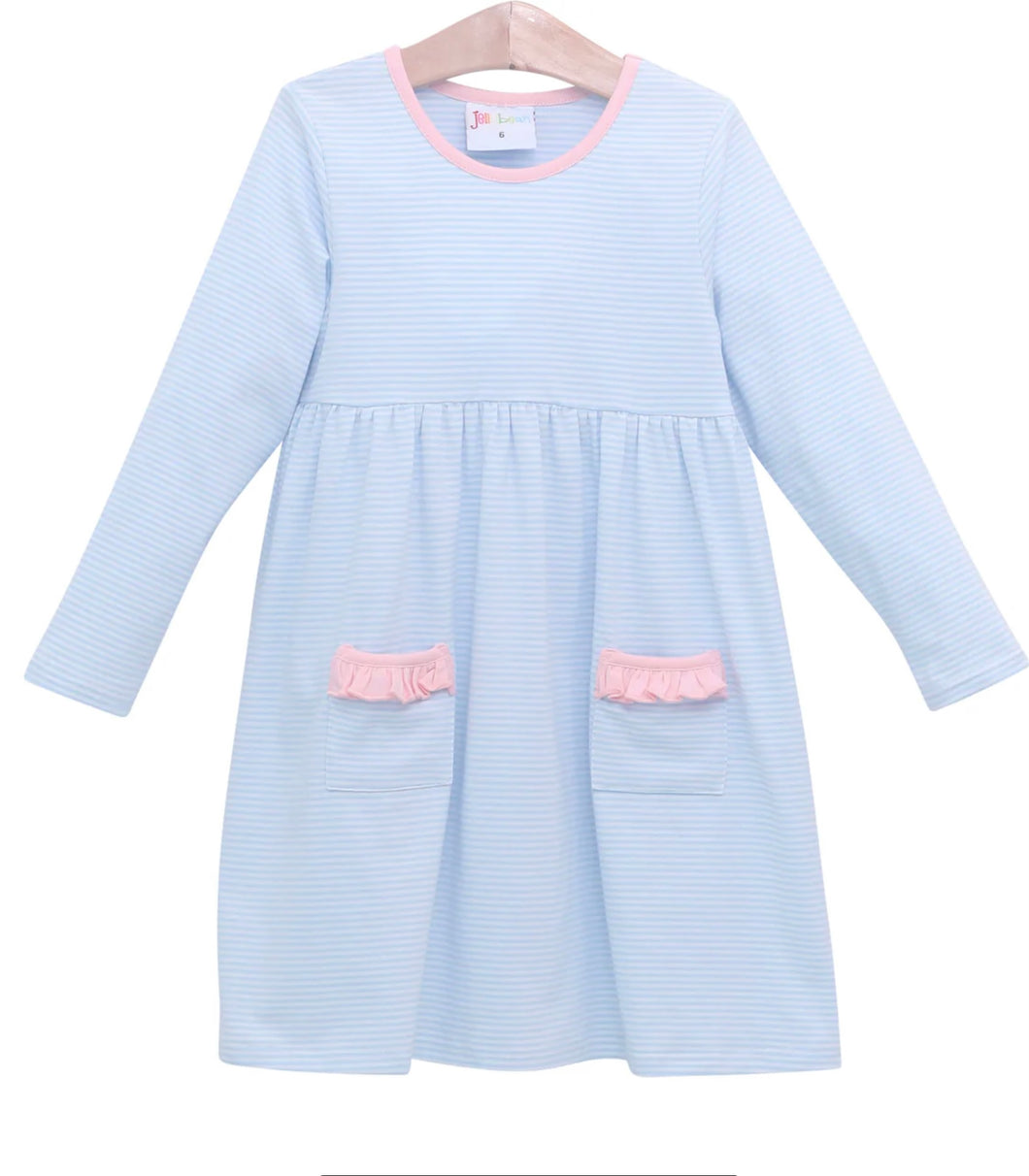 Pocket Dress light blue strip and light pick trim