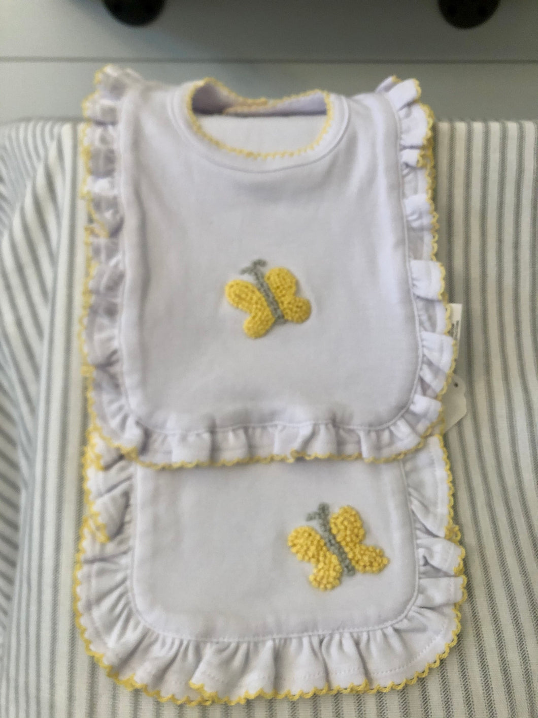 Yellow and grey French knot bib and burp cloth set