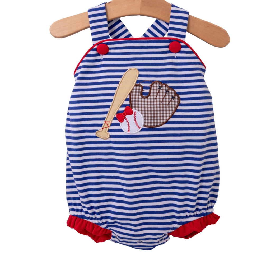 Baseball applique ruffle sunsuit