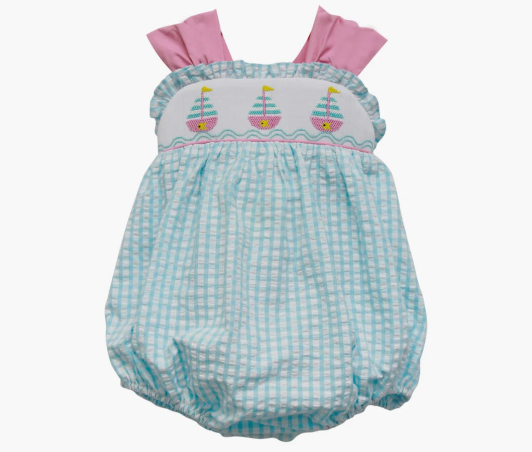 Sailboat smocked bubble seersucker check turquoise sleeveless